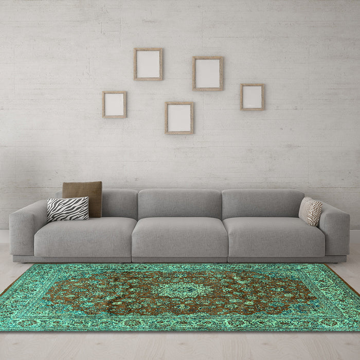 Machine Washable Medallion Turquoise Traditional Area Rugs in a Living Room,, wshtr1960turq