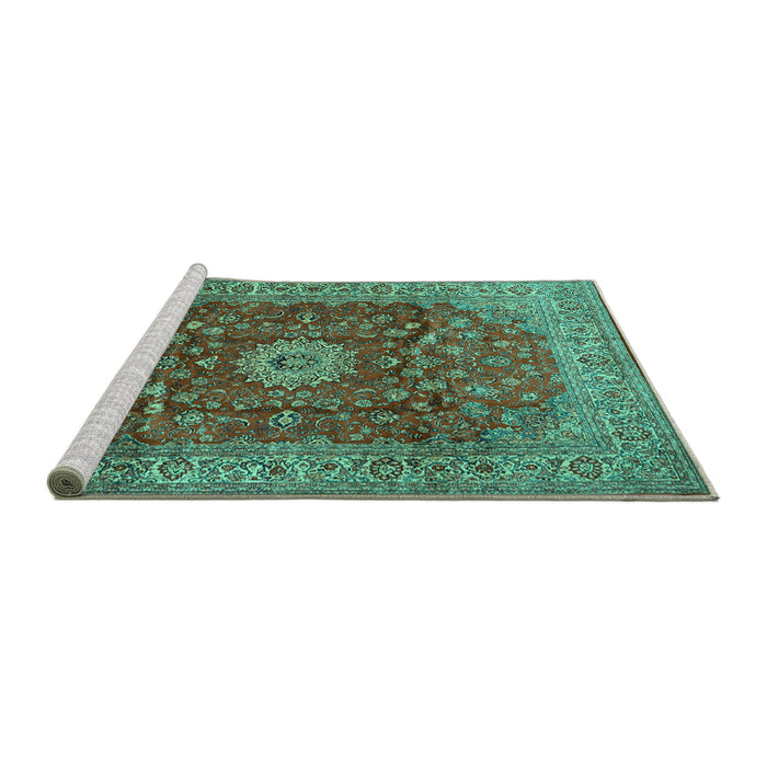 Sideview of Machine Washable Medallion Turquoise Traditional Area Rugs, wshtr1960turq