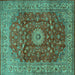 Square Machine Washable Medallion Turquoise Traditional Area Rugs, wshtr1960turq