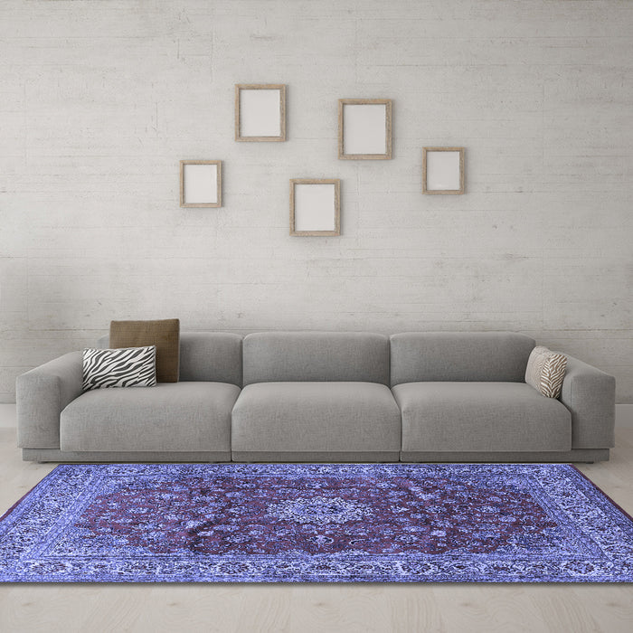 Machine Washable Medallion Blue Traditional Rug in a Living Room, wshtr1960blu