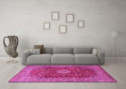 Machine Washable Medallion Pink Traditional Rug in a Living Room, wshtr1960pnk