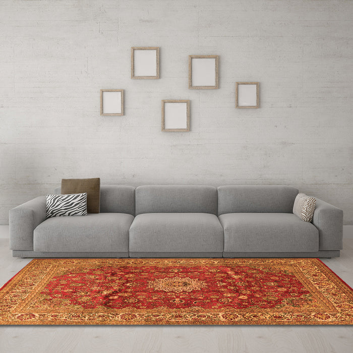 Machine Washable Medallion Orange Traditional Area Rugs in a Living Room, wshtr1960org