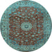 Round Machine Washable Medallion Light Blue Traditional Rug, wshtr1960lblu