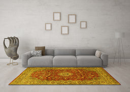 Machine Washable Medallion Yellow Traditional Rug in a Living Room, wshtr1960yw