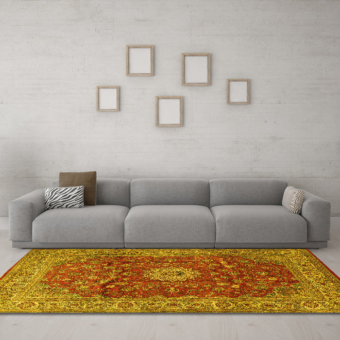 Machine Washable Medallion Yellow Traditional Rug in a Living Room, wshtr1960yw