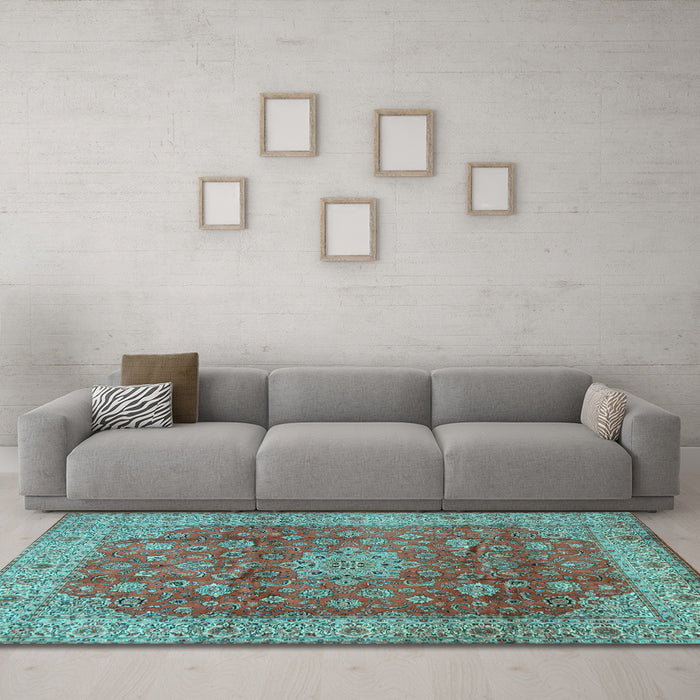 Machine Washable Medallion Light Blue Traditional Rug in a Living Room, wshtr1961lblu