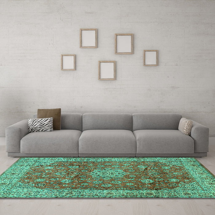 Machine Washable Medallion Turquoise Traditional Area Rugs in a Living Room,, wshtr1961turq