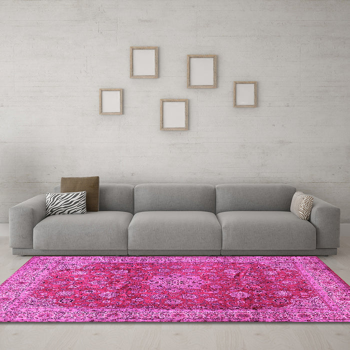 Machine Washable Medallion Pink Traditional Rug in a Living Room, wshtr1961pnk