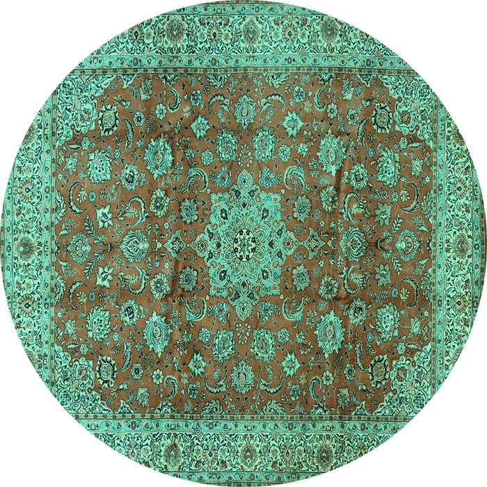 Round Machine Washable Medallion Turquoise Traditional Area Rugs, wshtr1961turq