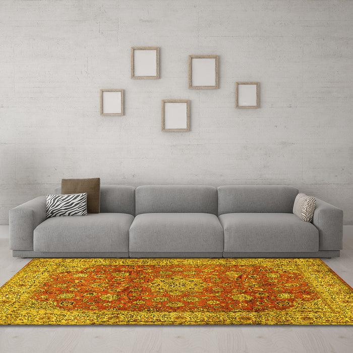Machine Washable Medallion Yellow Traditional Rug in a Living Room, wshtr1961yw