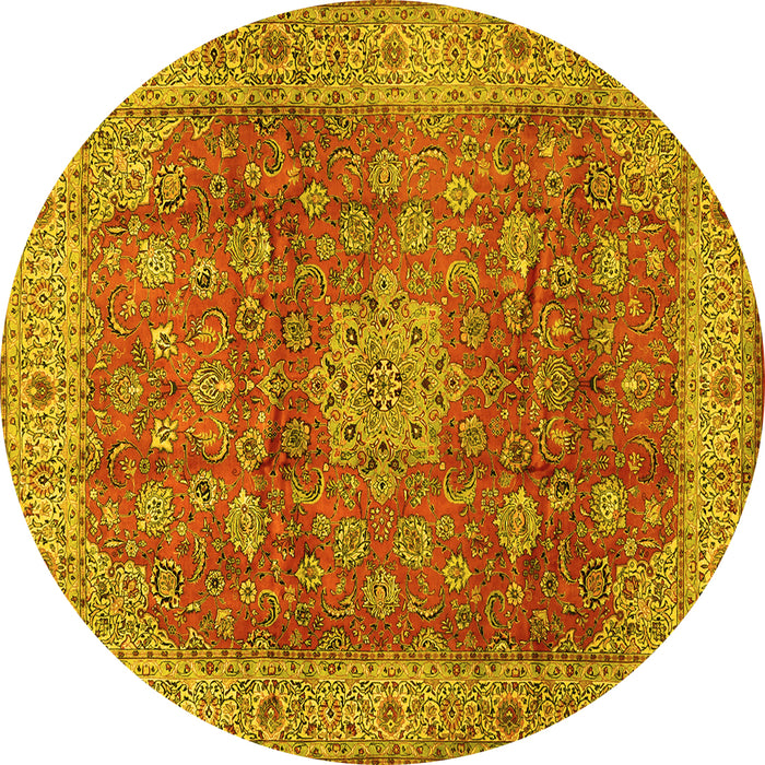 Round Machine Washable Medallion Yellow Traditional Rug, wshtr1961yw