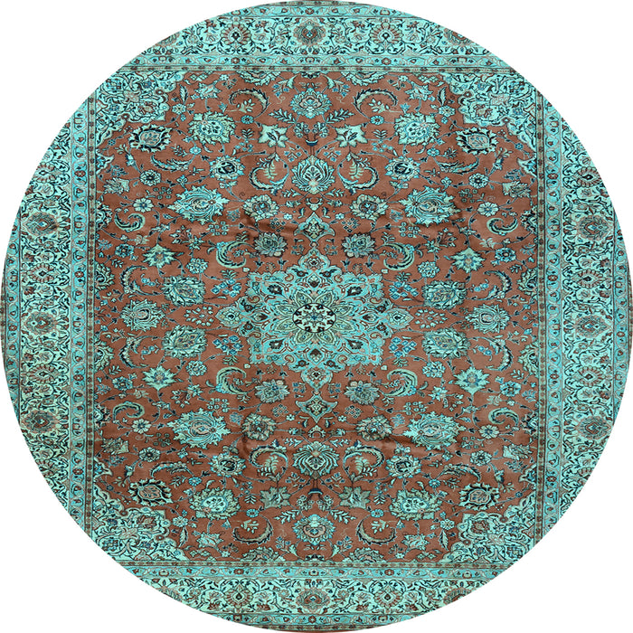Round Machine Washable Medallion Light Blue Traditional Rug, wshtr1961lblu