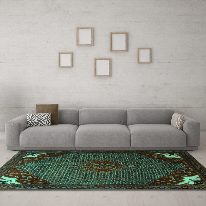 Machine Washable Persian Turquoise Traditional Area Rugs in a Living Room,, wshtr1964turq