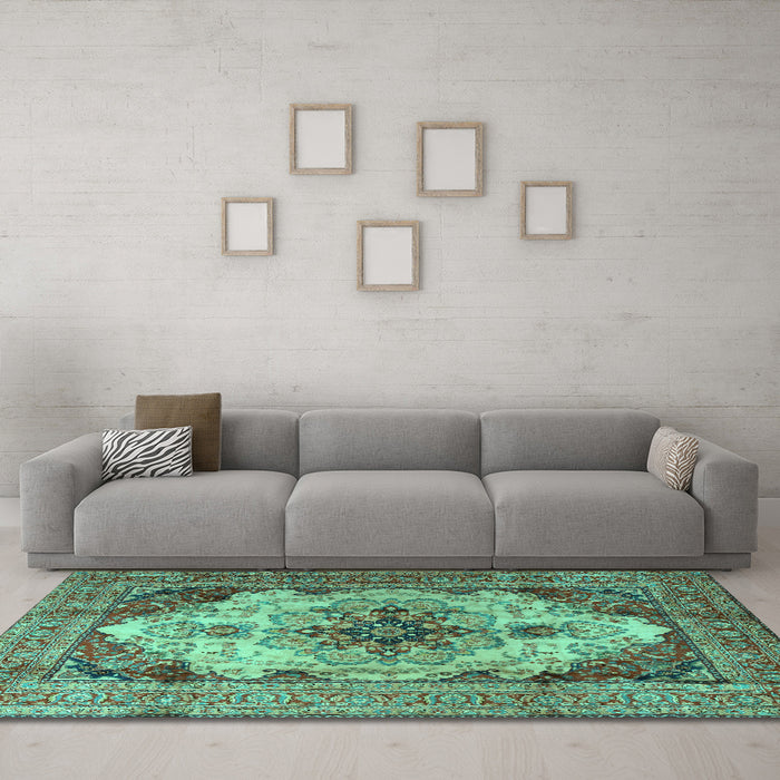 Machine Washable Persian Turquoise Traditional Area Rugs in a Living Room,, wshtr1965turq