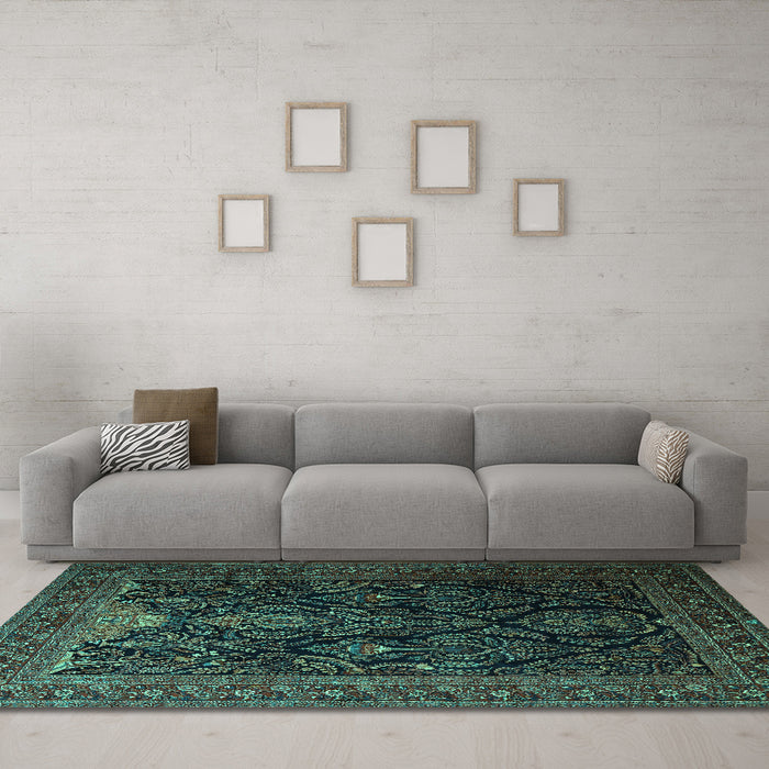 Machine Washable Persian Turquoise Traditional Area Rugs in a Living Room,, wshtr1966turq