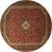 Round Machine Washable Medallion Brown Traditional Rug, wshtr1969brn