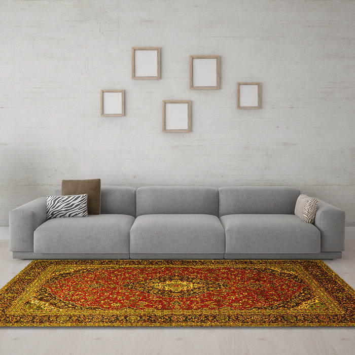 Machine Washable Medallion Yellow Traditional Rug in a Living Room, wshtr1969yw