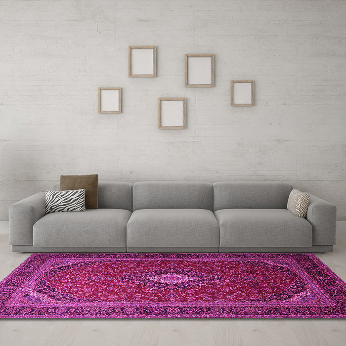 Machine Washable Medallion Pink Traditional Rug in a Living Room, wshtr1969pnk