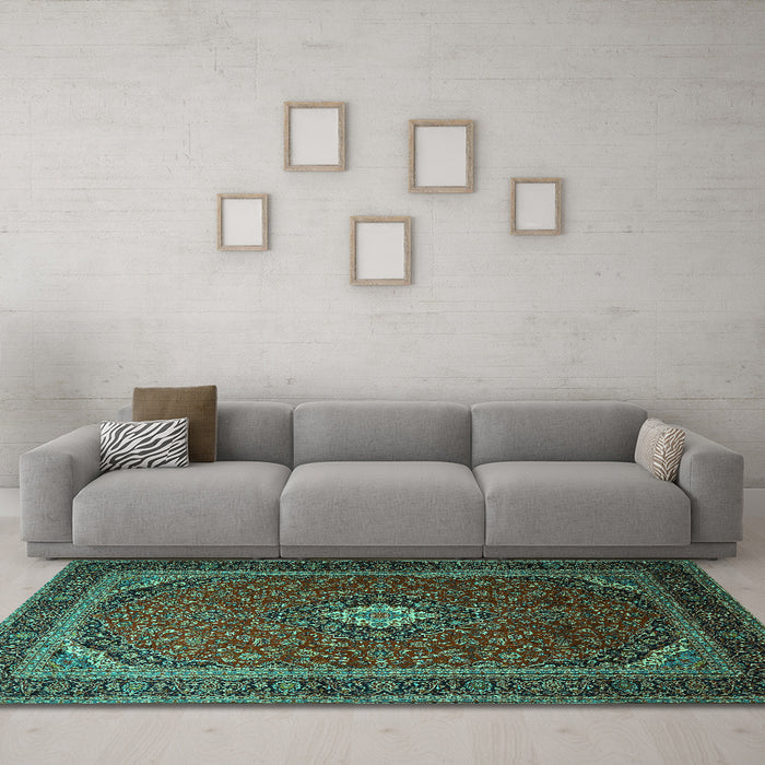 Machine Washable Medallion Turquoise Traditional Area Rugs in a Living Room,, wshtr1969turq