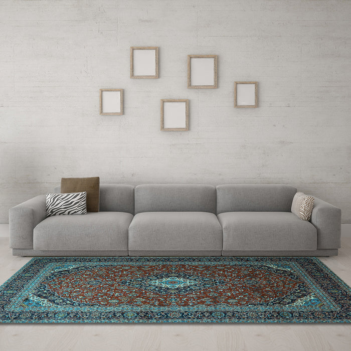 Machine Washable Medallion Light Blue Traditional Rug in a Living Room, wshtr1969lblu
