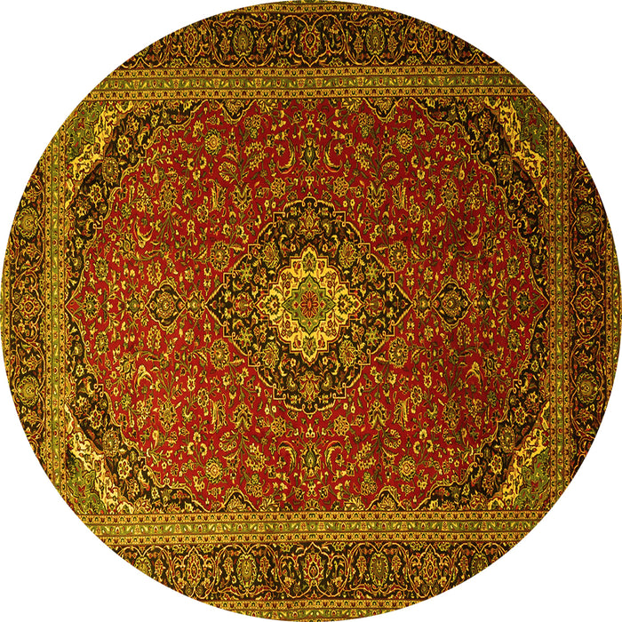Round Machine Washable Medallion Yellow Traditional Rug, wshtr1969yw
