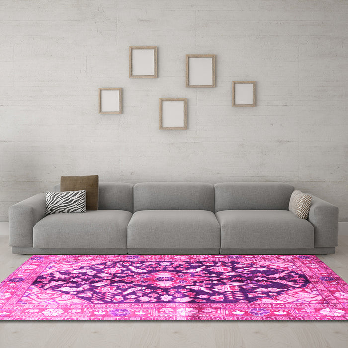 Machine Washable Persian Pink Traditional Rug in a Living Room, wshtr196pnk