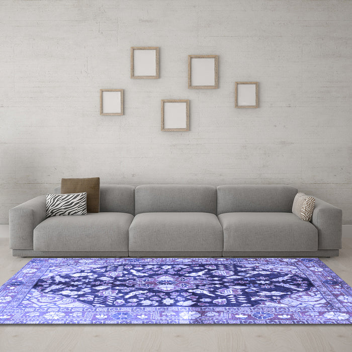 Machine Washable Persian Blue Traditional Rug in a Living Room, wshtr196blu