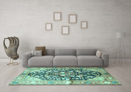 Machine Washable Persian Turquoise Traditional Area Rugs in a Living Room,, wshtr196turq