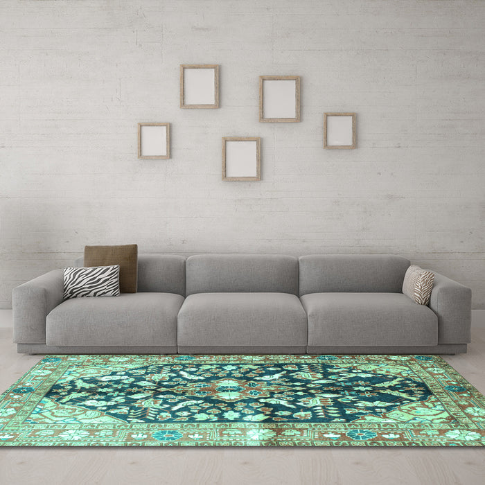 Machine Washable Persian Turquoise Traditional Area Rugs in a Living Room,, wshtr196turq