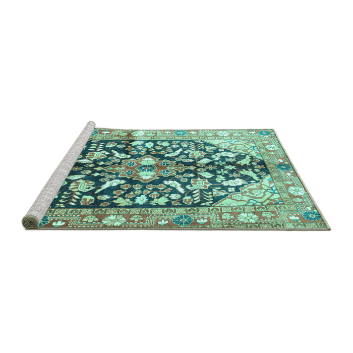 Sideview of Machine Washable Persian Turquoise Traditional Area Rugs, wshtr196turq