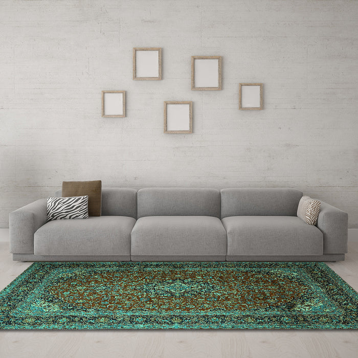Machine Washable Medallion Turquoise Traditional Area Rugs in a Living Room,, wshtr1970turq