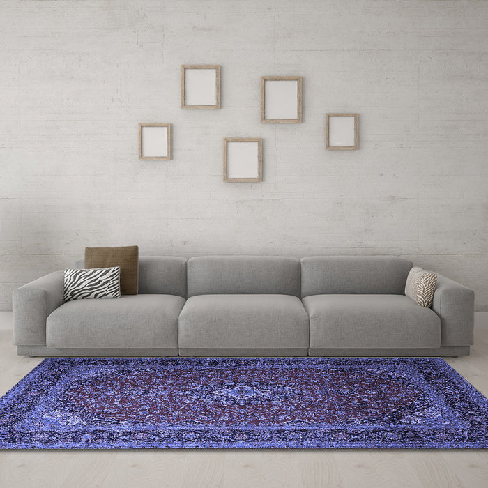 Machine Washable Medallion Blue Traditional Rug in a Living Room, wshtr1970blu