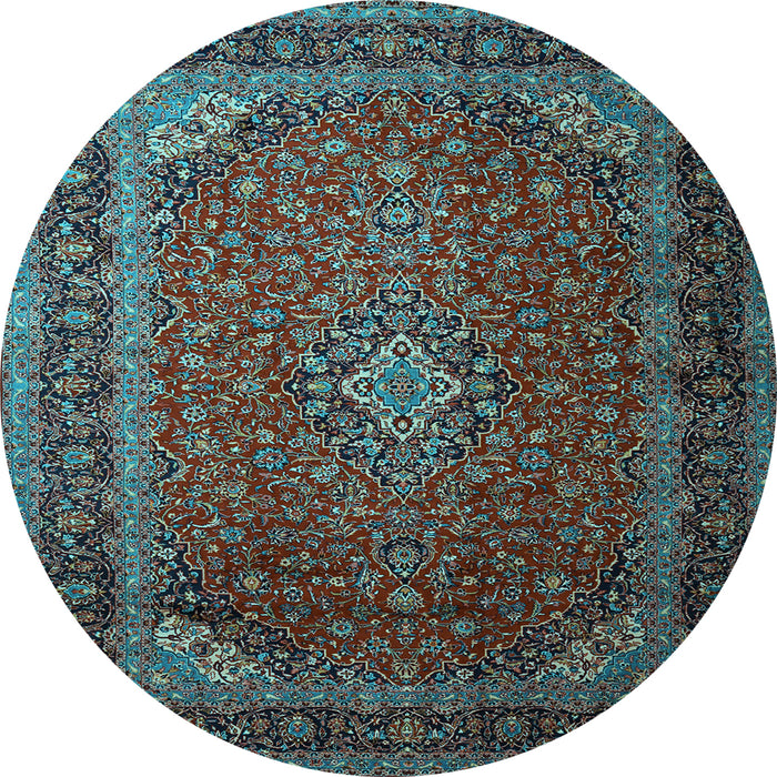 Round Machine Washable Medallion Light Blue Traditional Rug, wshtr1970lblu