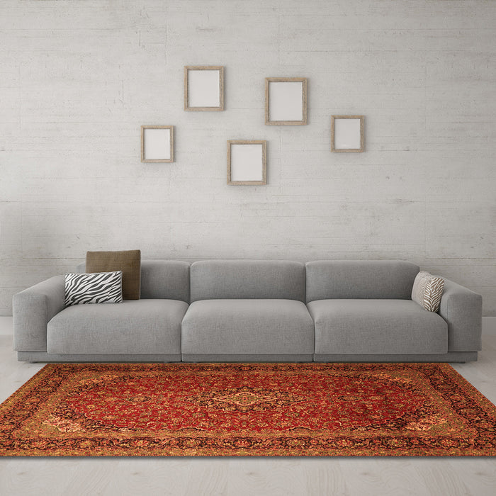 Machine Washable Medallion Orange Traditional Area Rugs in a Living Room, wshtr1970org