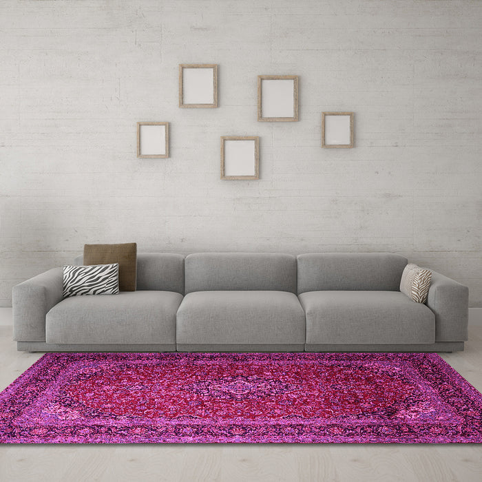 Machine Washable Medallion Pink Traditional Rug in a Living Room, wshtr1970pnk