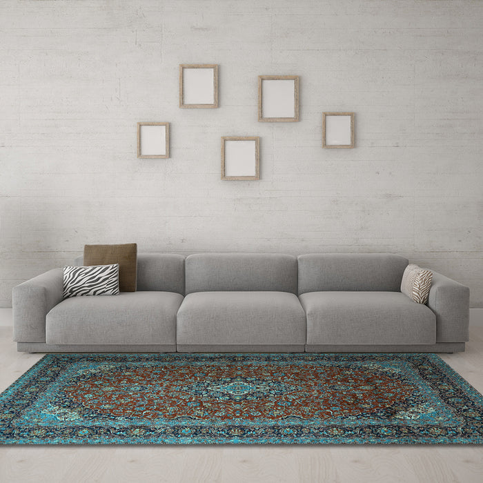 Machine Washable Medallion Light Blue Traditional Rug in a Living Room, wshtr1970lblu