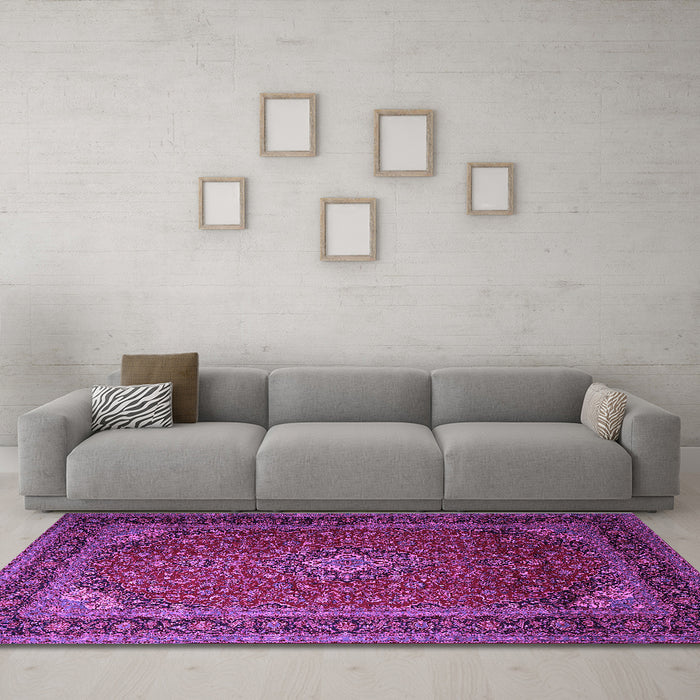 Machine Washable Medallion Purple Traditional Area Rugs in a Living Room, wshtr1970pur