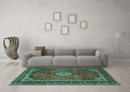 Machine Washable Persian Turquoise Traditional Area Rugs in a Living Room,, wshtr1971turq