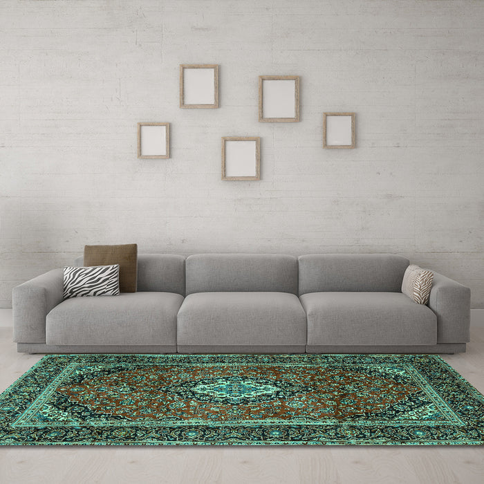 Machine Washable Persian Turquoise Traditional Area Rugs in a Living Room,, wshtr1971turq