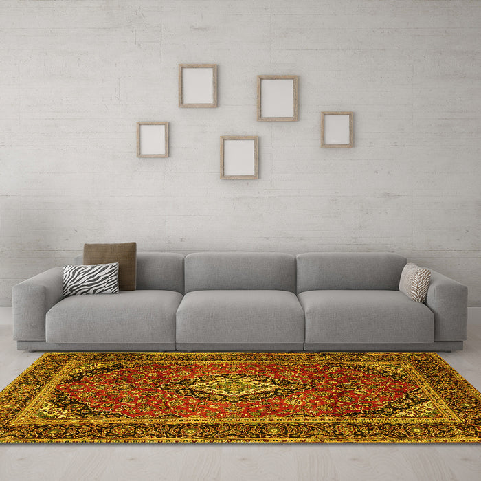 Machine Washable Persian Yellow Traditional Rug in a Living Room, wshtr1971yw