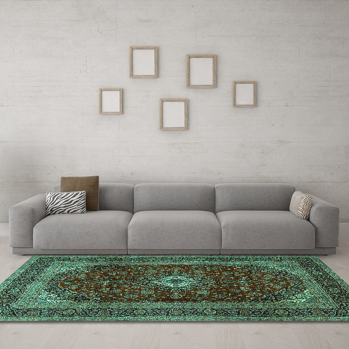 Machine Washable Persian Turquoise Traditional Area Rugs in a Living Room,, wshtr1972turq