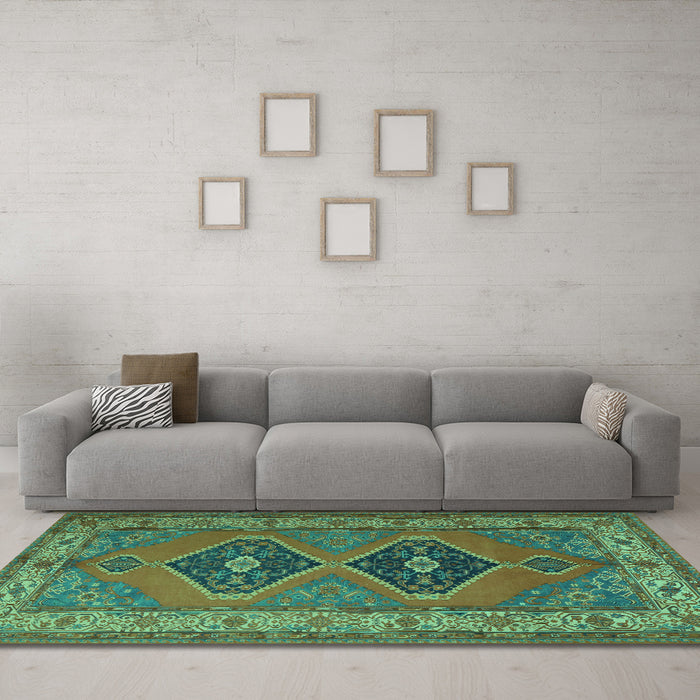 Machine Washable Persian Turquoise Traditional Area Rugs in a Living Room,, wshtr1979turq
