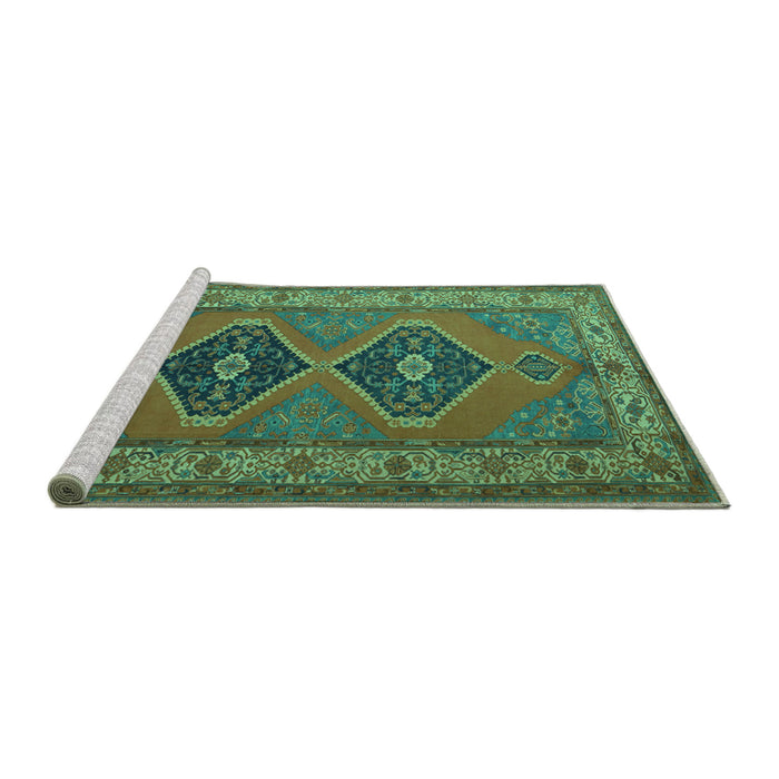 Sideview of Machine Washable Persian Turquoise Traditional Area Rugs, wshtr1979turq