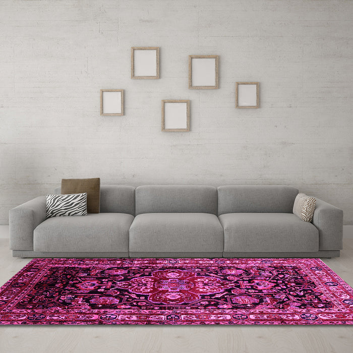 Machine Washable Persian Pink Traditional Rug in a Living Room, wshtr197pnk