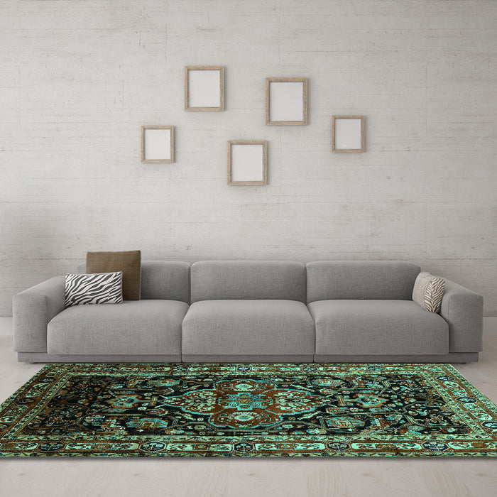 Machine Washable Persian Turquoise Traditional Area Rugs in a Living Room,, wshtr197turq