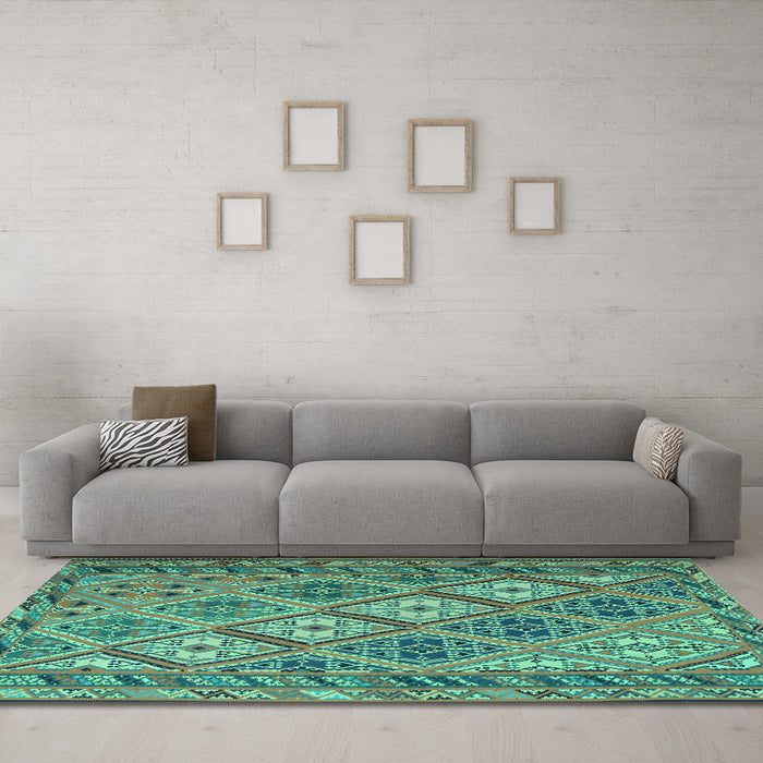 Machine Washable Persian Turquoise Traditional Area Rugs in a Living Room,, wshtr1980turq