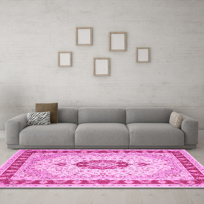 Machine Washable Persian Pink Traditional Rug in a Living Room, wshtr1983pnk