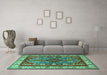 Machine Washable Geometric Turquoise Traditional Area Rugs in a Living Room,, wshtr1987turq