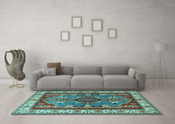 Machine Washable Geometric Light Blue Traditional Rug in a Living Room, wshtr1987lblu