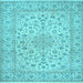 Square Machine Washable Medallion Light Blue Traditional Rug, wshtr1988lblu